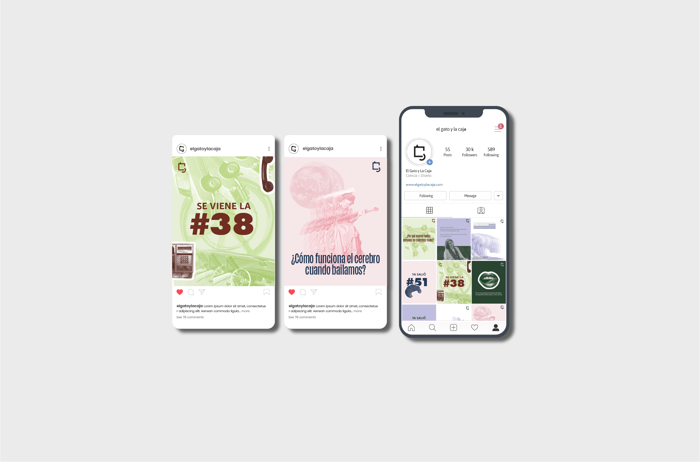 Instagram feed mockup for El Gato y La Caja
